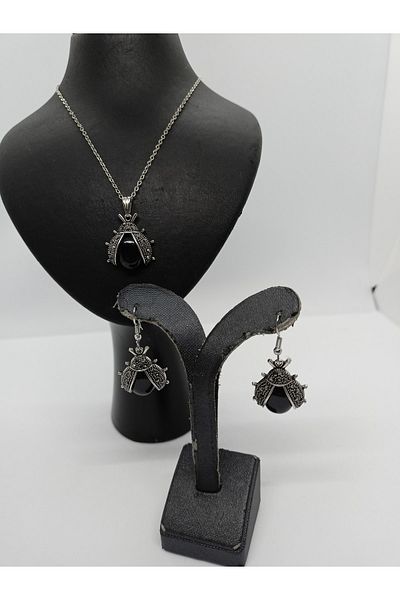 BalıkHediyelik Margazite Stone Necklace Earring Set-mdl-5004 Ladybug Model