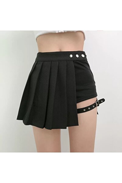 Köstebek Harajuku Gothic Punk Fashion Pileli Kemerli Şort Etek