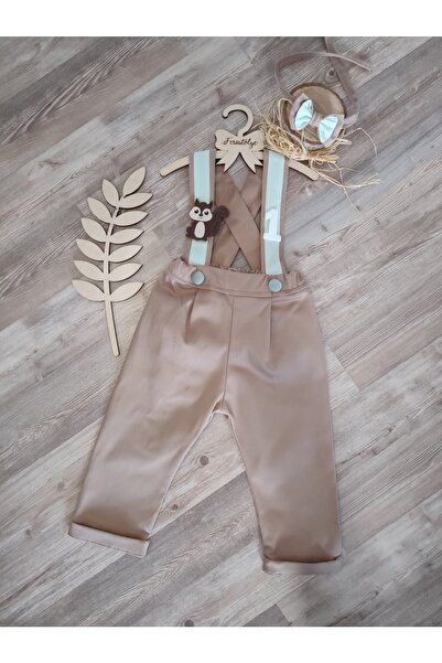 Feriatolye Sincap Konsepti bej Su Yeşili Erkek Çocuk Salopet Doğum Günü Kıyafeti