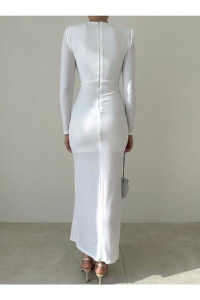 Afiş Butik Beyaz Göbek Dekolteli Büzgü Detaylı Elbise