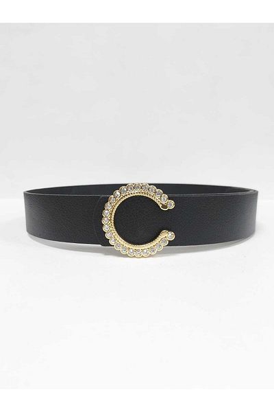 Kemerix 100% Genuine Leather Women's Black Belt with Stone Gold Buckle
