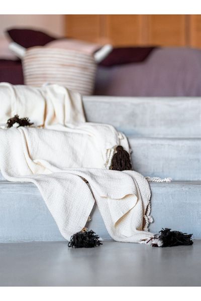 Barine Ecru Basket Cotton Sofa Shawl - 130X170