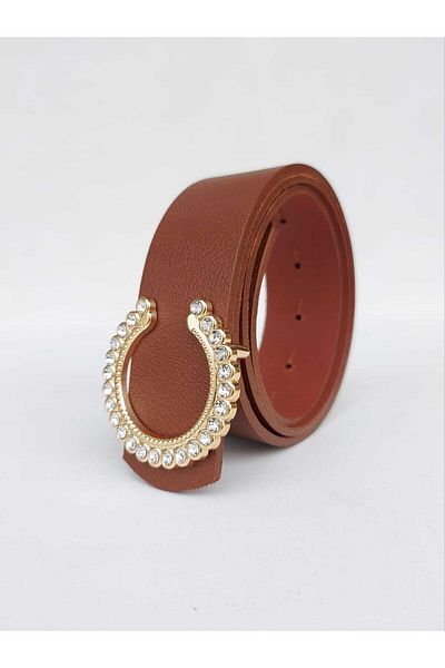 Kemerix 100% Genuine Leather Women's Tan Belt with Stone Gold Buckle