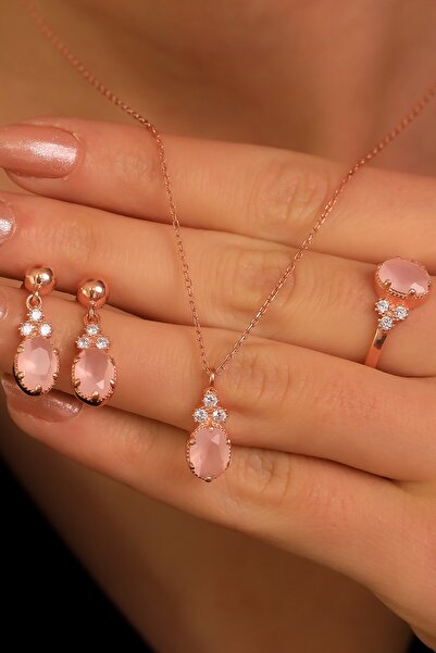 LINTERNA 925 Ayar Gümüş Gül Kuvars Taşlı Set