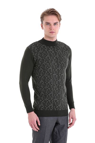 Hatemoğlu Πλεκτό πουλόβερ από μαλλί χακί Comfort Fit Jacquard Half Turtleneck