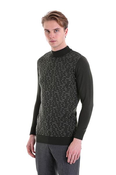 Hatemoğlu Πλεκτό πουλόβερ από μαλλί χακί Comfort Fit Jacquard Half Turtleneck