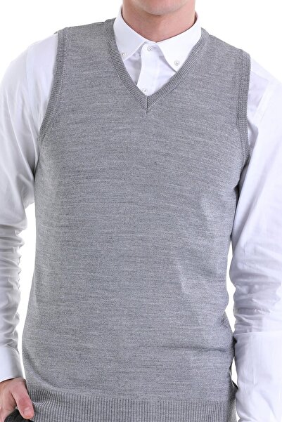 Hatemoğlu Gri Comfort Fit Düz V Yaka Yünlü Triko Süveter