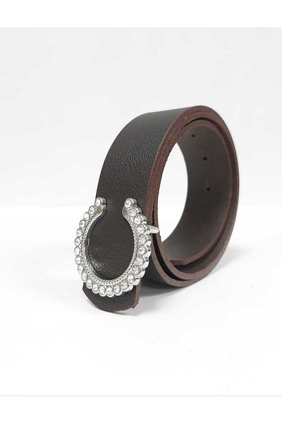 Kemerix 100% Genuine Leather Women's Bitter Brown Belt with Stone and Silver Buckle