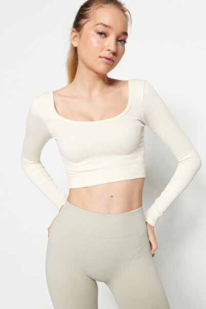 Trendyol Collection Beige Seamless/Seamless Crop Extra Stretchy Knitted Sports Top/Blouse TWOAW22BZ0450