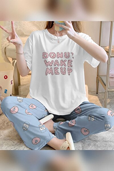 PEMBİŞ HOMEWEAR Blue Donuts Short Sleeve Pajamas Set 2228