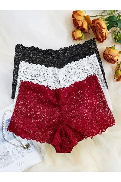 Fancy&Dancy Women's Black White Red 3 Piece Lace Boxers