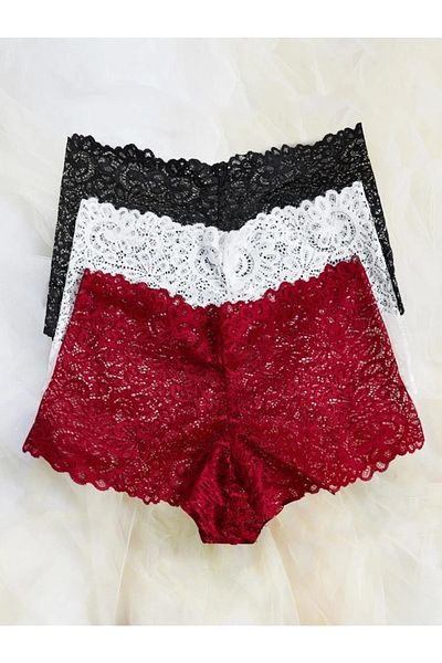 Fancy&Dancy Women's Black White Red 3 Piece Lace Boxers