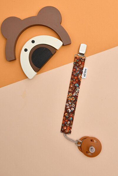 e&f Store Kiremit Çiçekli Hardal Sarısı Emzik Askısı Seti - 3'lü Emzik Zinciri Seti - %100 Pamuk Kumaş