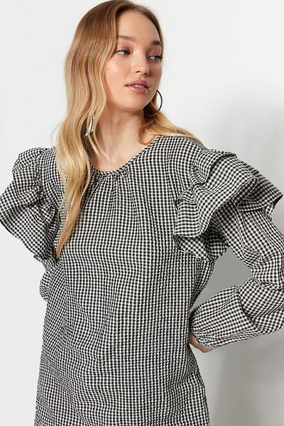 Trendyol Modest Černé rukávy Tkaná tkaná tunika Gingham TCTSS23UK00014