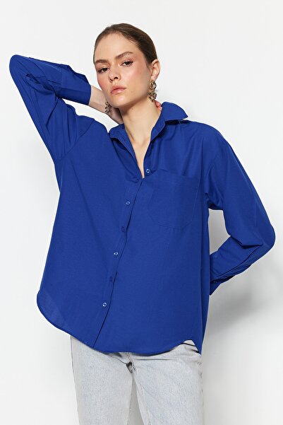 Trendyol Collection Sötétkék egyzsebű barát/széles szabású pamut szőtt ing TWOAW20GO0115