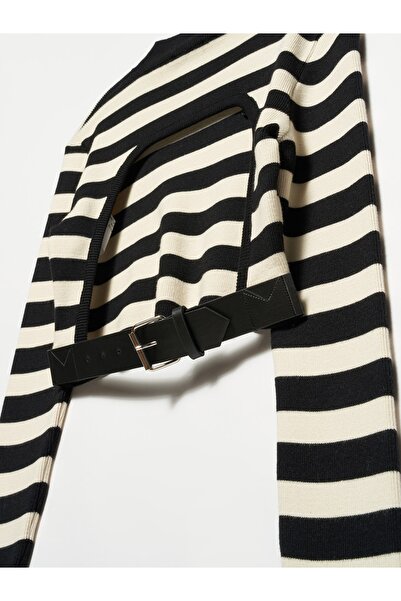 Dilvin 10331 Yarım Balıkçı Arkası Dekolte Kemerli Kazak-siyah-krem