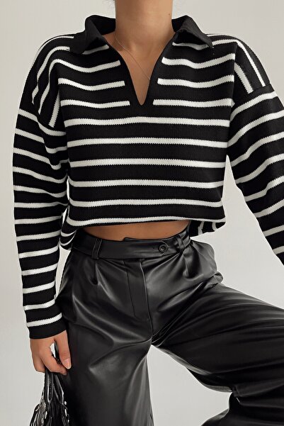 CABALA Pulover din tricot cu dungi cu gât polo, negru