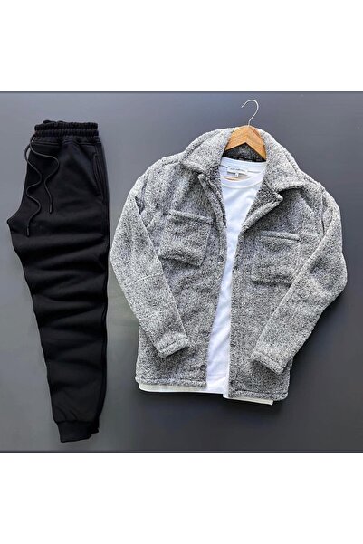 oneoff Unisex Gri Peluş Polar Hırka Gömlek Siyah Eşofman Altı ( Tişört Dahil ...