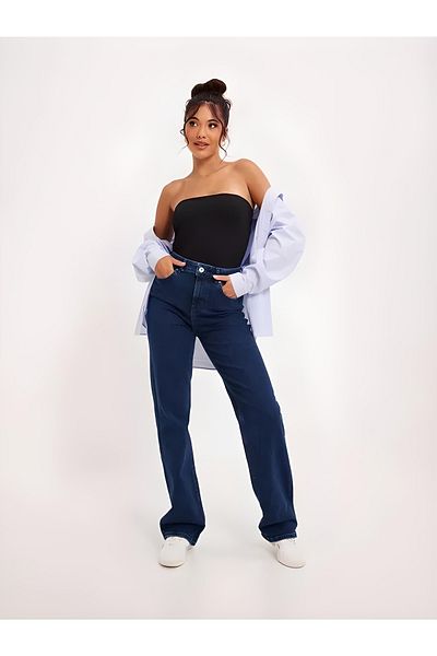 LİMABEL Albastru închis anii 90, mediu albastru închis Lycra, talie super-înaltă Palazzo, pantaloni largi în jean
