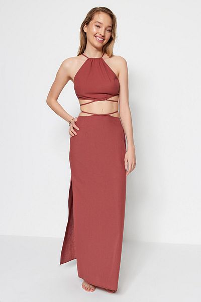 Trendyol Collection Zestaw spódnic z brązowej, tkanej, wiązanej w 100% bawełnianej bluzce TBESS23AU00053