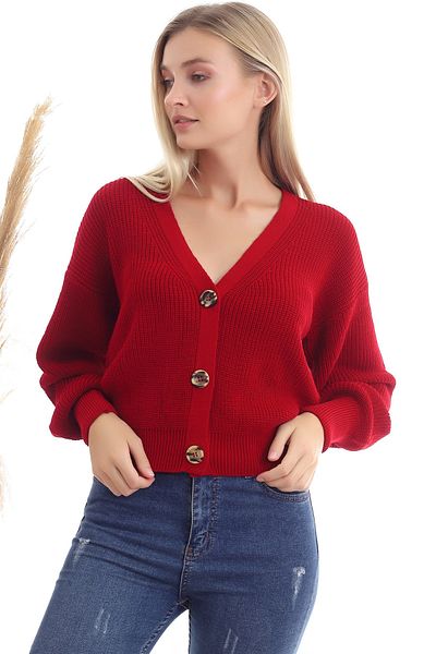 Devinka Cardigan roșu de tricot cu decolteu în V, roșu, cu 3 nasturi