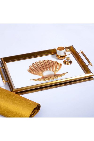 Kosova Luxury Presentation Tea and Coffee Tray with Metal Handles Glass Patterned Gold-white 50*31cm Oyster Pattern