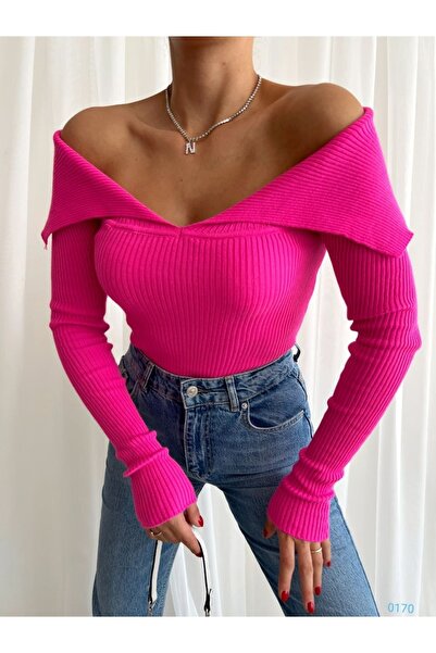 dükkan10butika Pulover de damă cu guler Carmen slim fit tricotaje roz