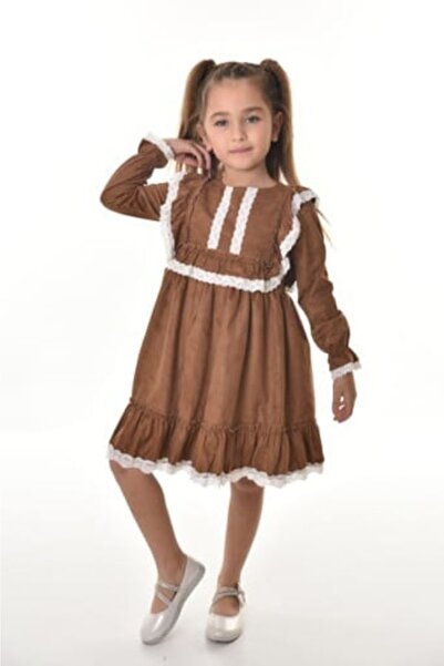 ÖFİ Kids Kız Fırfırlı Sade Düz Taba Süet Uzun Kollu Elbise