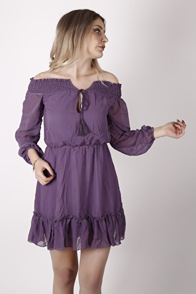 brako tekstil Kadın Mor Elbise Gipe Detaylı Elbise