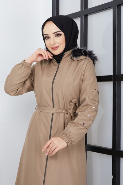 KMKkombin سترة نسائية بغطاء للرأس مبطنة بالفراء وأكمام من الألياف منقوشة مقاو...