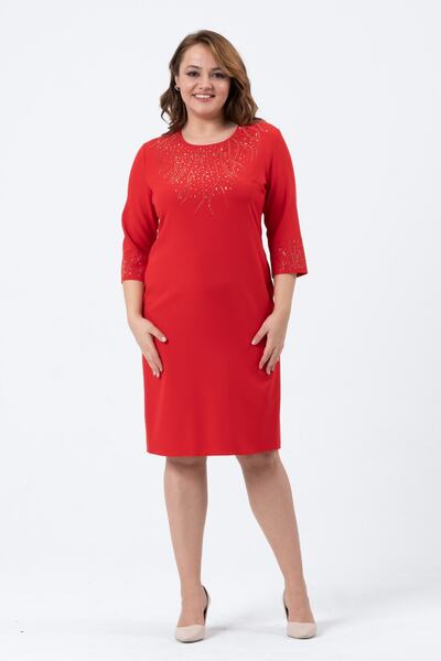 Oktay Ithal Krep Göğüs Ve Kol Ağızları Taşlı Kırmızı Renk Büyük Beden Abiye E...