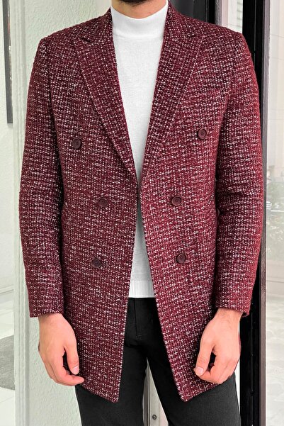 NAZEF Slim-Fit Patterned Double Breasted Wool Burgundy Coat