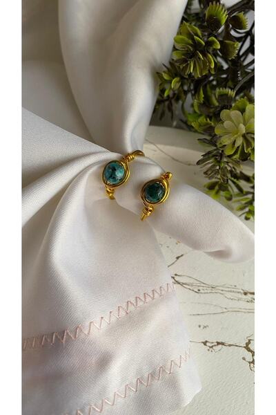 PelvedDesign Ikili Ceyt Taşı Yeşil Mavi Altın El Yapımı Tel Yüzük