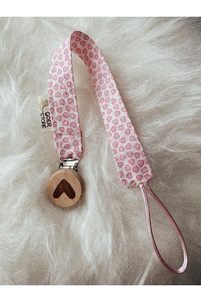 GOER STORE Natural Wooden Soft Pink 100% Cotton Fabric Baby Pacifier Strap with Heart Detail