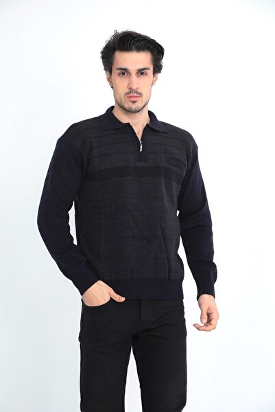 KMKkombin Батьківський светр з коміром на блискавці, з лініями, з однією кишенею, осінньо-зимовий, товстий, чоловічий