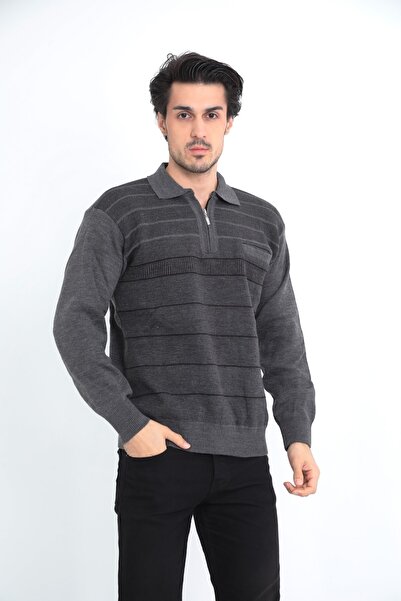 KMKkombin Pulover gros pentru bărbați, cu fermoar, guler cu dungi, cu un sing...