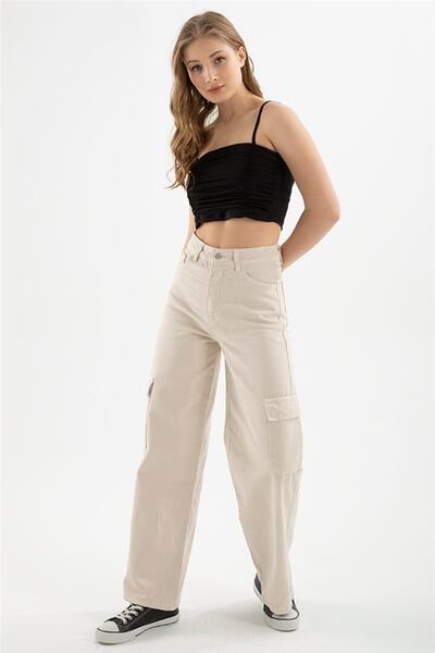 LAMİRA Pantaloni de damă cu picior lat cu buzunar cargo Palazzo bej denim Jean cu talie înaltă