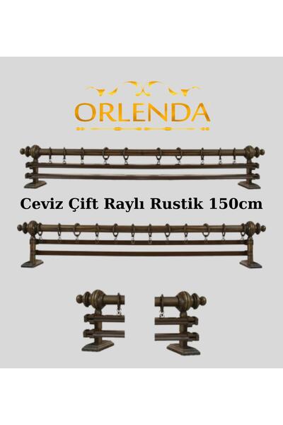 Orlenda Suport pentru perdele rustic din aluminiu cu cap din lemn, șină dublă 150 cm