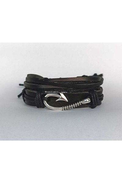 BSN Black 2-Piece Genuine Leather Bracelet with Hook Figure