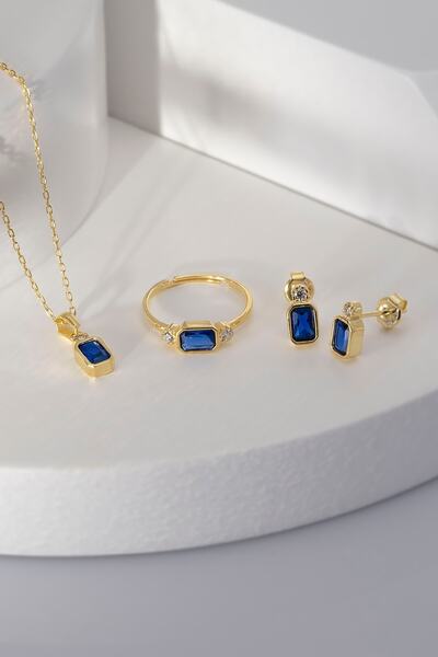 Gümüş Çadırım Kadın Baget Safir Taşlı Altın Renk Kolye Küpe Yüzük Seti – Zarif