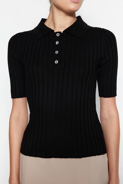 Trendyol Collection Černé tričko Basic Polo Neck Look Tenká halenka TWOSS20BZ0112