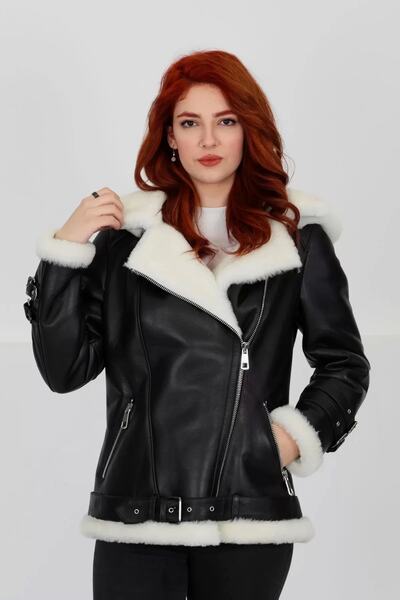 By Marki Marki Siyah Kapüşonlu Hakiki Deri Kaban, Içi Beyaz Kürklü, Kemerli ,...