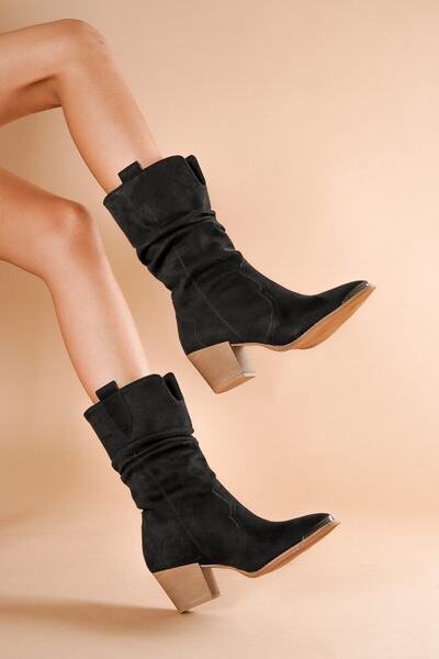 DİVOLYA Cortez Black Cowboy Heeled Women's Daily Use Boots