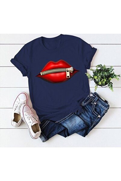 Esinty Tricou din țesătură din jerseu, din bumba albastră, imprimat cu buze, ...