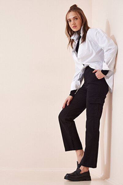 Happiness İstanbul Schwarze Gabardine-Hose mit weitem Bein und Cargotasche fü...