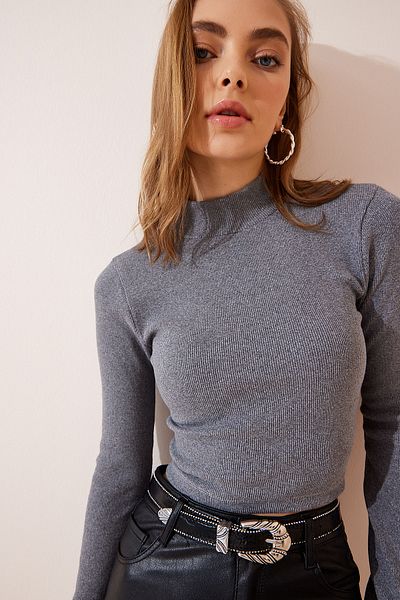Happiness İstanbul Women's Smoked Corded Turtleneck Crop Knitted Blouse GT00059