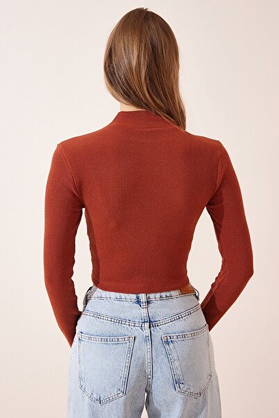 Happiness İstanbul Women's Tile Corded Turtleneck Crop Knitted Blouse GT00059