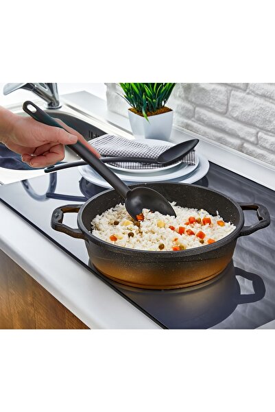 Fevito Practical Fireproof Non-Stick Teflon Serving Set Durable Ladle Colander Spatula Spoon 4-Piece Black