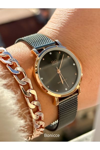 Q&Q Brand Steel Mesh Strap, Waterproof, Smoked Color Women's Wristwatch + bracelet