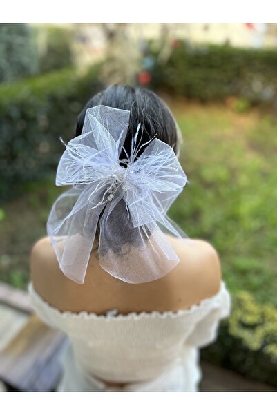 Pearly Handmade Accesoriu pentru păr de mireasă cu panglică din tul alb